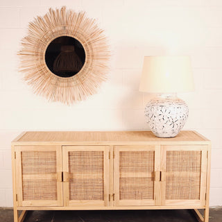 Miroir rond en rotin avec accents soleil