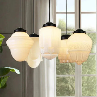 Vintage Geometric Pendant Light, White Milk Glass