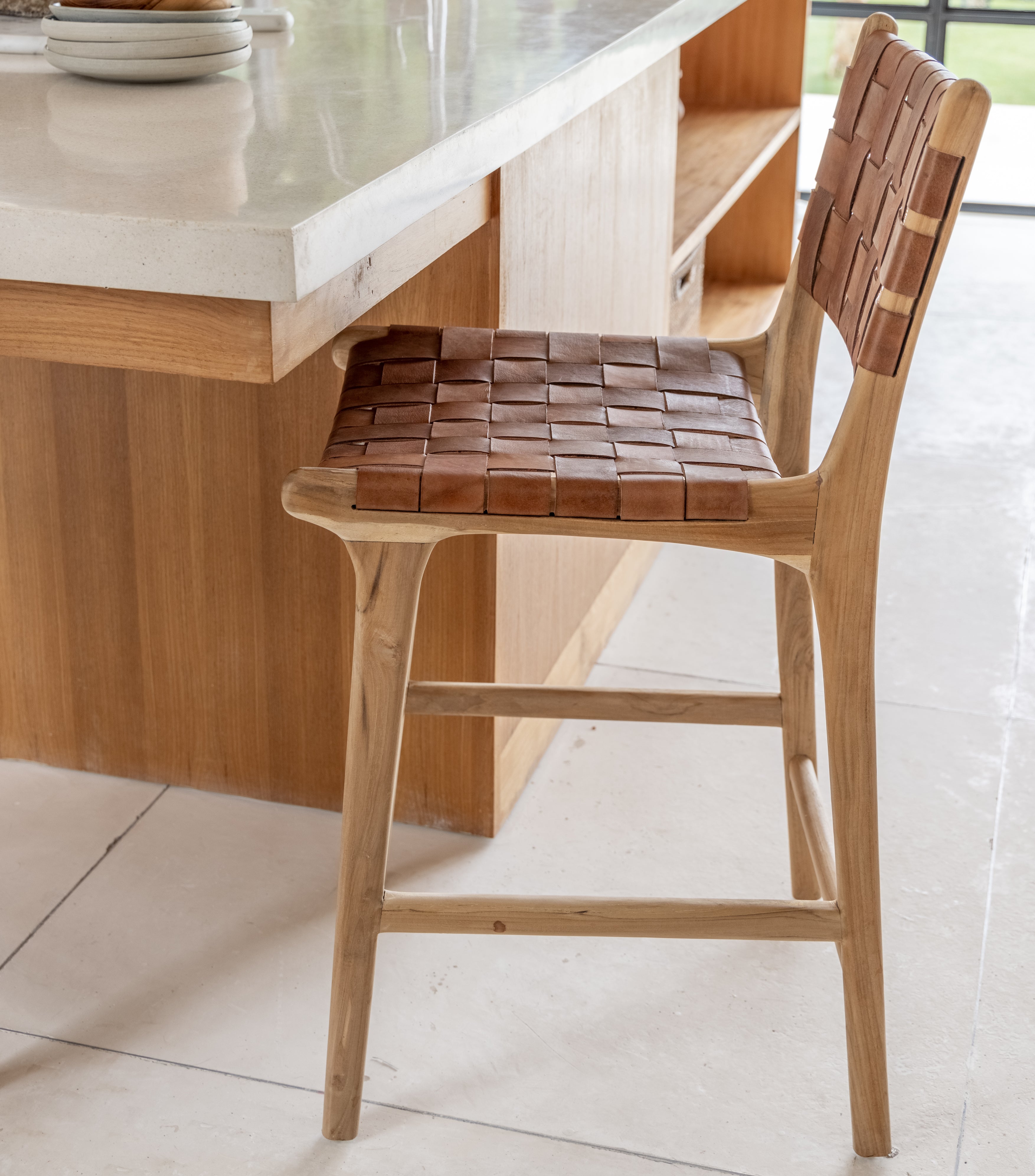 Woven Leather Strap Eddie Counter Stool - Stylish Teak Frame